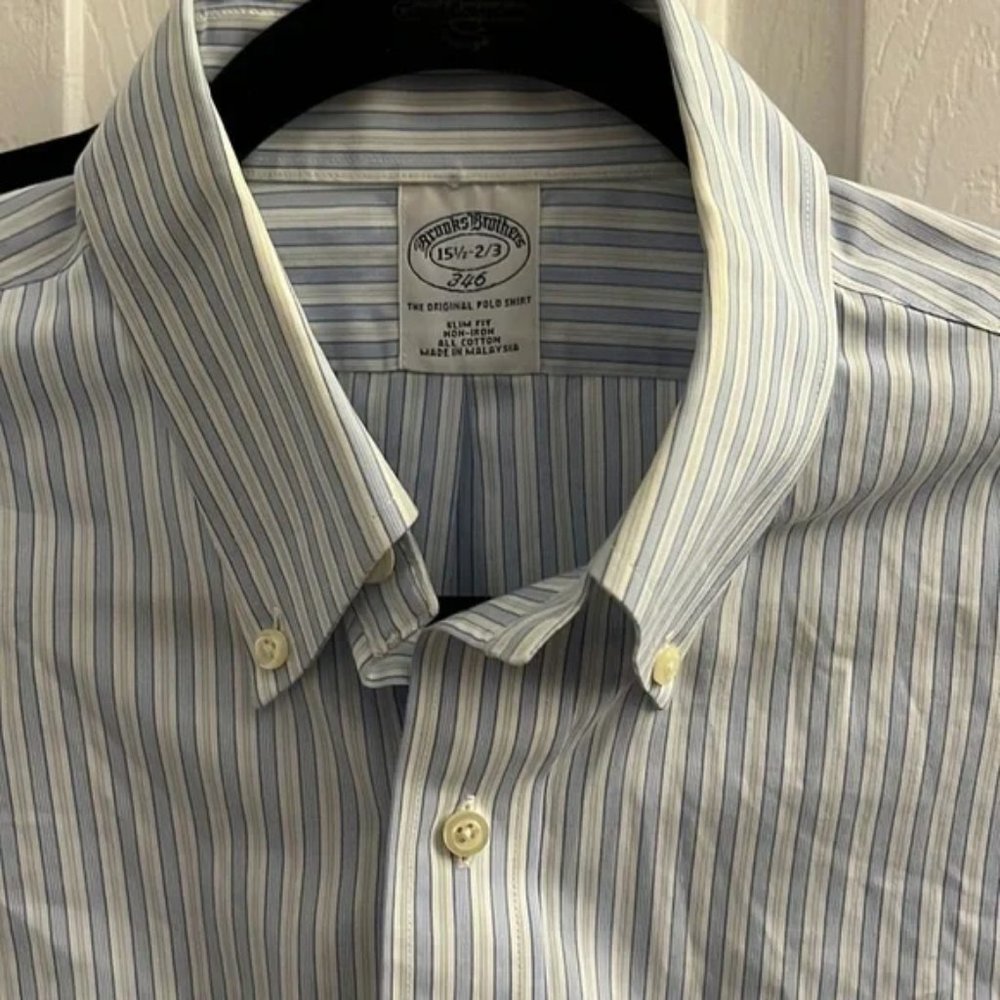 Brooks Brothers Dress Shirt Blue & White Vertical Strips 100% Cotton